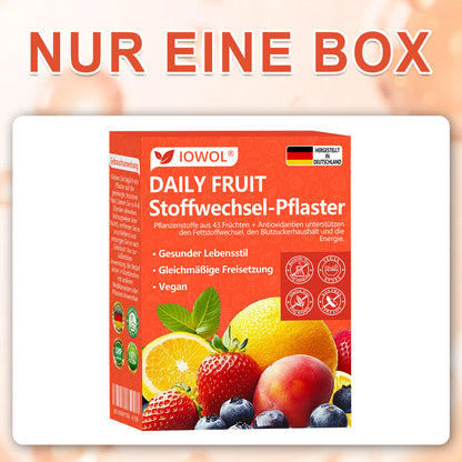 Tägliches Frucht-Stoffwechsel-PflasterEs enthält biologische Fruchtauszüge und Pflanzenstoffe aus 43 verschiedenen Früchten.  Es unterstützt den Fettstoffwechsel, reguliert den Blutzuckerspiegel und steigert die Energie für ein ganzheitliches