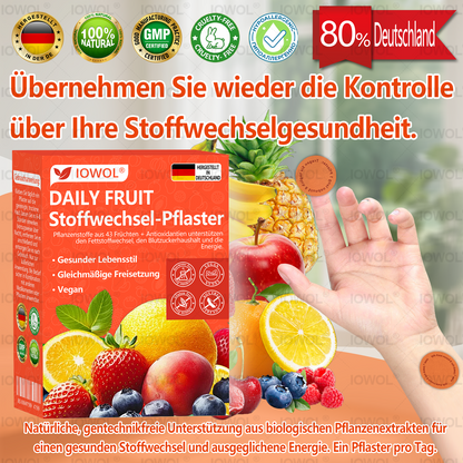 Tägliches Frucht-Stoffwechsel-PflasterEs enthält biologische Fruchtauszüge und Pflanzenstoffe aus 43 verschiedenen Früchten.  Es unterstützt den Fettstoffwechsel, reguliert den Blutzuckerspiegel und steigert die Energie für ein ganzheitliches