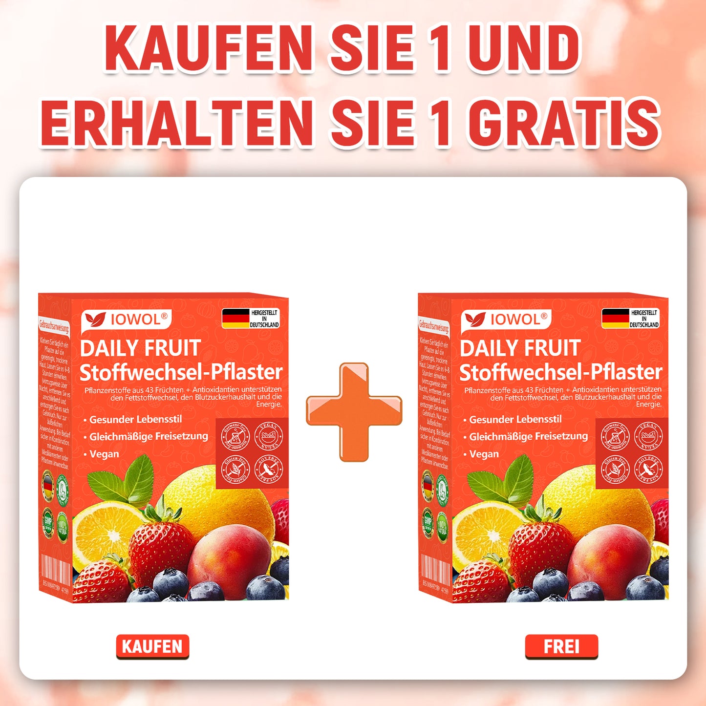 Tägliches Frucht-Stoffwechsel-PflasterEs enthält biologische Fruchtauszüge und Pflanzenstoffe aus 43 verschiedenen Früchten.  Es unterstützt den Fettstoffwechsel, reguliert den Blutzuckerspiegel und steigert die Energie für ein ganzheitliches