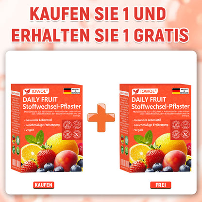 Tägliches Frucht-Stoffwechsel-PflasterEs enthält biologische Fruchtauszüge und Pflanzenstoffe aus 43 verschiedenen Früchten.  Es unterstützt den Fettstoffwechsel, reguliert den Blutzuckerspiegel und steigert die Energie für ein ganzheitliches