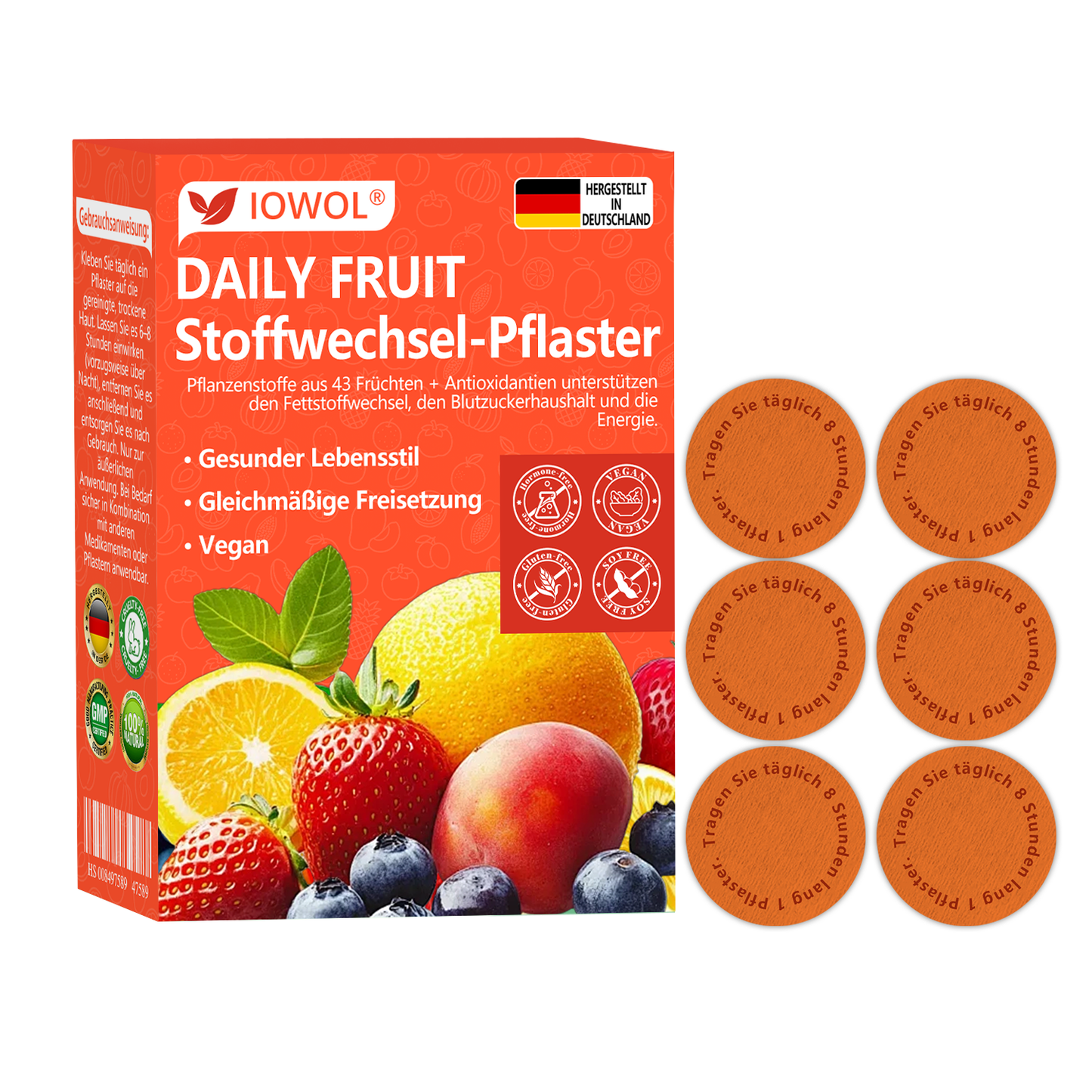 Tägliches Frucht-Stoffwechsel-PflasterEs enthält biologische Fruchtauszüge und Pflanzenstoffe aus 43 verschiedenen Früchten.  Es unterstützt den Fettstoffwechsel, reguliert den Blutzuckerspiegel und steigert die Energie für ein ganzheitliches