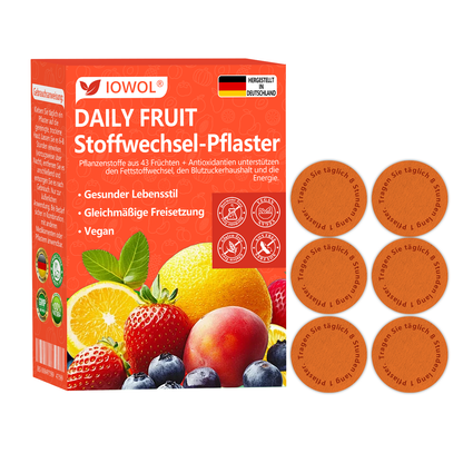 Tägliches Frucht-Stoffwechsel-PflasterEs enthält biologische Fruchtauszüge und Pflanzenstoffe aus 43 verschiedenen Früchten.  Es unterstützt den Fettstoffwechsel, reguliert den Blutzuckerspiegel und steigert die Energie für ein ganzheitliches